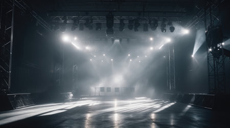 Stage lights on a dark background with smoke and spotlights. The stage is illuminated by spotlights, Empty Stage Background, fog, photo mockupの素材