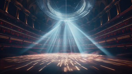 Empty stage with spotlights and lighting effect. 3D Rendering, Empty Stage Background, fog, photo mockupの素材