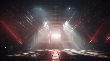 3D rendering of an empty stage with spotlights and smoke coming out, Empty Stage Background, fog, photo mockupの素材