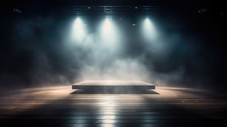 Stage Spotlight with Stage Podium Scene, Stage Spotlight with smoke and Fog, Empty Stage Background, fog, photo mockupの素材