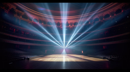 stage lighting effect,interior of a theater with floodlights and smoke, Empty Stage Background, fog, photo mockupの素材