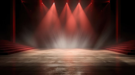 Stage Spotlight with Red Stage Background and Wooden Floor. 3d Rendering, Empty Stage Background, fog, photo mockupの素材