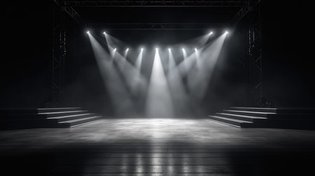 Stage Spotlight with Scene on a Stage. Light effect, smoke, spotlights, Empty Stage Background, fog, photo mockupの素材