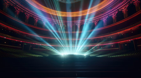 stage lighting effect, dark scene with spotlights, neon light, vector illustration, Empty Stage Background, fog, photo mockupの素材