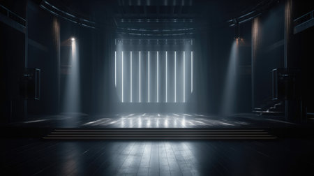 3D rendering of an empty dark room with lights and spotlights, Empty Stage Background, fog, photo mockupの素材