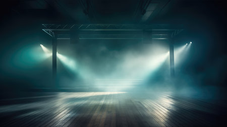 Empty stage with lights, smoke and spotlights. 3D rendering, Empty Stage Background, fog, photo mockupの素材