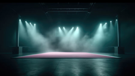 Empty stage with spotlights and smoke. 3D rendering image, Empty Stage Background, fog, photo mockupの素材