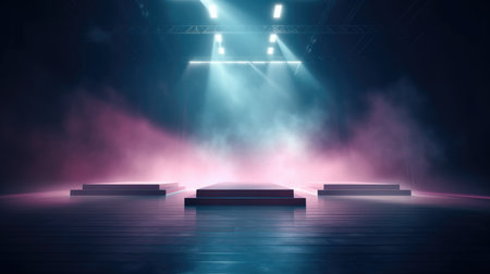 Stage Spotlight with Stage Podium for Award Ceremony illuminated by spotlights. Award ceremony concept. 3D Rendering, Empty Stage Background, fog, photo mockupの素材