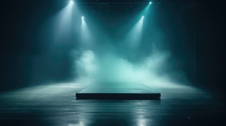 Empty stage in a dark room with smoke and spotlights. 3D rendering, Empty Stage Background, fog, photo mockupの素材