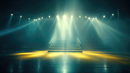 Empty stage with spotlights and smoke in the dark. 3d rendering, Empty Stage Background, fog, photo mockupの素材