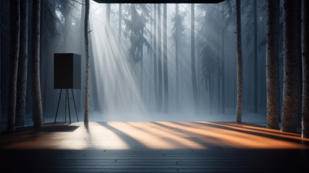 Mysterious dark forest in a fog. 3D Rendering, Empty Stage Background, fog, photo mockupの素材