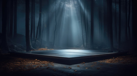 Dark forest with fog and wooden floor. Halloween concept. 3D Rendering, Empty Stage Background, fog, photo mockupの素材