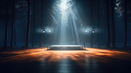 Dark winter forest with fog, lights and bench. 3d rendering, Empty Stage Background, fog, photo mockupの素材