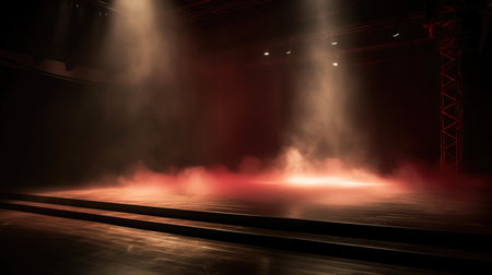 Stage Spotlight with Red Light and smoke, Stage Spotlight with Red Light, Stage Background, Empty Stage Background, fog, photo mockupの素材