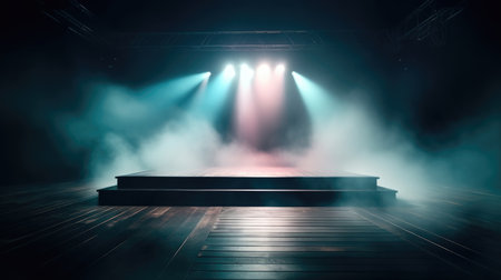 Empty stage with smoke and spotlights. Stage illuminated by spotlights, Empty Stage Background, fog, photo mockupの素材