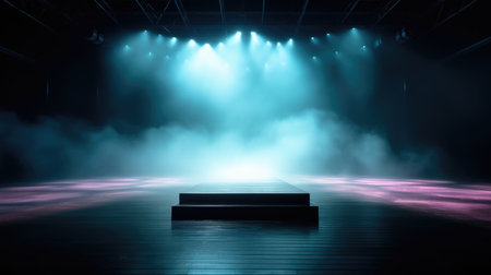 Empty stage with lighting, Stage Podium Scene, Stage Spotlight on a dark background, , Empty Stage Background, fog, photo mockupの素材