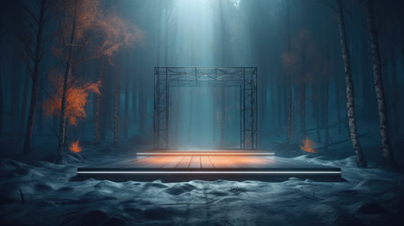 Empty stage in the dark forest. 3D rendering. Computer digital drawing, Empty Stage Background, fog, photo mockupの素材