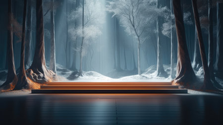 Empty wooden platform in winter forest with fog. 3D Rendering, Empty Stage Background, fog, photo mockupの素材