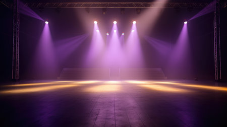 Stage Spotlight with Stage Podium Scene, Stage Spotlight on the Stage, Stage Background, Empty Stage Background, fog, photo mockupの素材