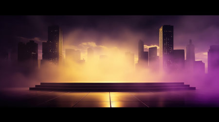 Empty stage and city in the fog. Futuristic background. Vector illustration, Empty Stage Background, fog, photo mockupの素材
