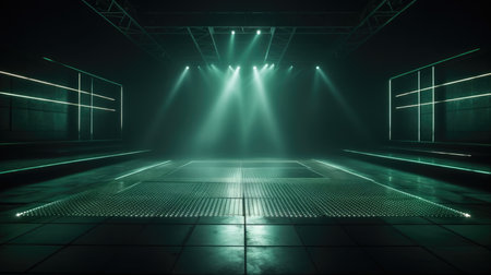 Empty dark room with neon lights, 3d rendering. Computer digital drawing, Empty Stage Background, fog, photo mockupの素材