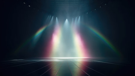 Stage lights and spotlights. 3d rendering, 3d illustration, Empty Stage Background, fog, photo mockupの素材
