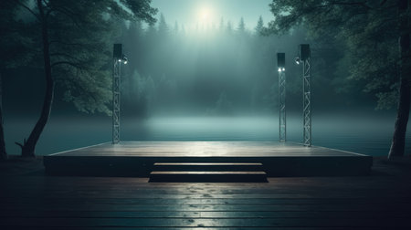 3d rendering of a dark forest and a wooden stage with spotlights, Empty Stage Background, fog, photo mockupの素材