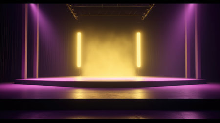 Stage illuminated by spotlights. stage background. 3D rendering, Empty Stage Background, fog, photo mockupの素材