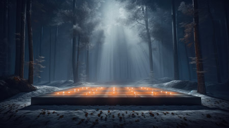 Mysterious winter forest with illuminated path. 3D Rendering, Empty Stage Background, fog, photo mockupの素材