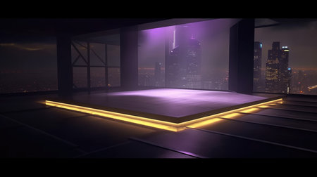 3d rendering of a futuristic building with neon lights in the night, Empty Stage Background, fog, photo mockupの素材