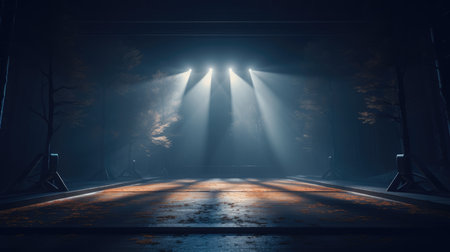 Foggy street at night with flood lights. 3D rendering, Empty Stage Background, fog, photo mockupの素材