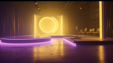 3D rendering of the interior of a modern stage illuminated by neon lights, Empty Stage Background, fog, photo mockupの素材