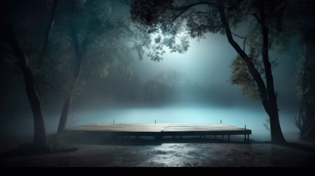 Foggy night forest with wooden bench. 3D Rendering, Empty Stage Background, fog, photo mockupの素材