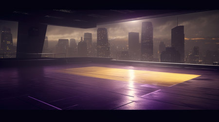 Empty football field with night city in the background. 3d rendering, Empty Stage Background, fog, photo mockupの素材