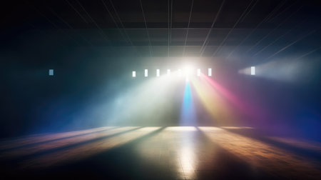 Empty room with spotlights and rays of light. 3d rendering, Empty Stage Background, fog, photo mockupの素材