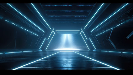 3D abstract background with neon lights. 3d illustration of neon tunnel, Empty Stage Background, fog, photo mockupの素材