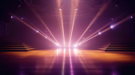 Stage lights, spotlights, stage background. 3D rendering, Empty Stage Background, fog, photo mockupの素材