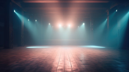 Empty stage with spotlights, 3d rendering. Computer digital drawing, Empty Stage Background, fog, photo mockupの素材