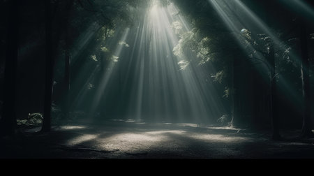 Mysterious dark forest with light rays and fog. 3d rendering, Empty Stage Background, fog, photo mockupの素材