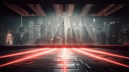 3D rendering of a futuristic interior with neon lights and a city view, Empty Stage Background, fog, photo mockupの素材