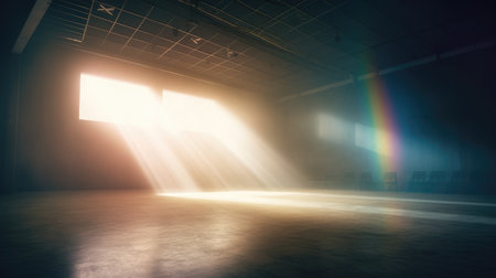3D rendering of an empty warehouse with a rainbow in the background, Empty Stage Background, fog, photo mockupの素材