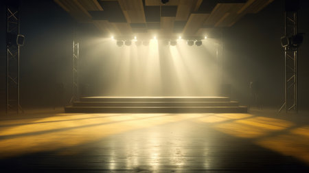 Empty stage with spotlights in a dark room. 3D rendering, Empty Stage Background, fog, photo mockupの素材