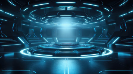 3D abstract background with neon lights. neon tunnel.space construction. 3d illustration, Empty Stage Background, fog, photo mockupの素材