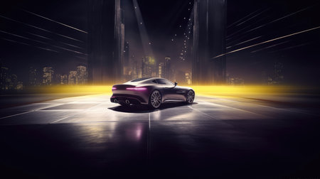 Conceptual image of a sports car on the road at night, Empty Stage Background, fog, photo mockupの素材