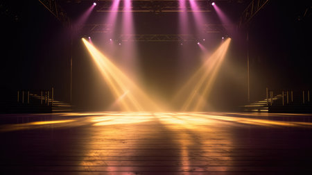 Stage Spotlight with Laser rays. 3d rendering. Stage Spotlight with Laser rays, Empty Stage Background, fog, photo mockupの素材