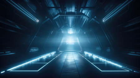 Futuristic tunnel corridor with glowing lights. 3D Rendering, Empty Stage Background, fog, photo mockupの素材