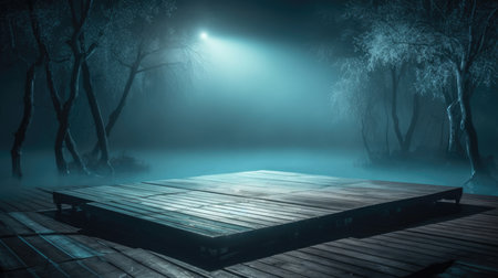 Empty wooden pier in the forest at night with fog. 3D rendering, Empty Stage Background, fog, photo mockupの素材