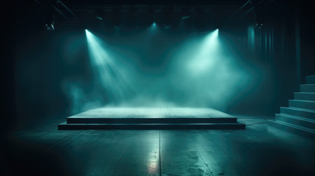 Empty stage with spotlights, smoke and spotlights. 3D rendering, Empty Stage Background, fog, photo mockupの素材