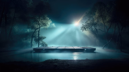 Pier in the misty forest at night. 3D rendering, Empty Stage Background, fog, photo mockupの素材