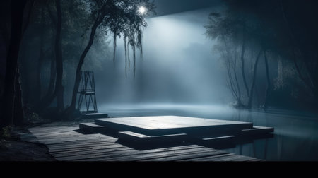 Wooden pier in a misty forest at night. 3D Rendering, Empty Stage Background, fog, photo mockupの素材